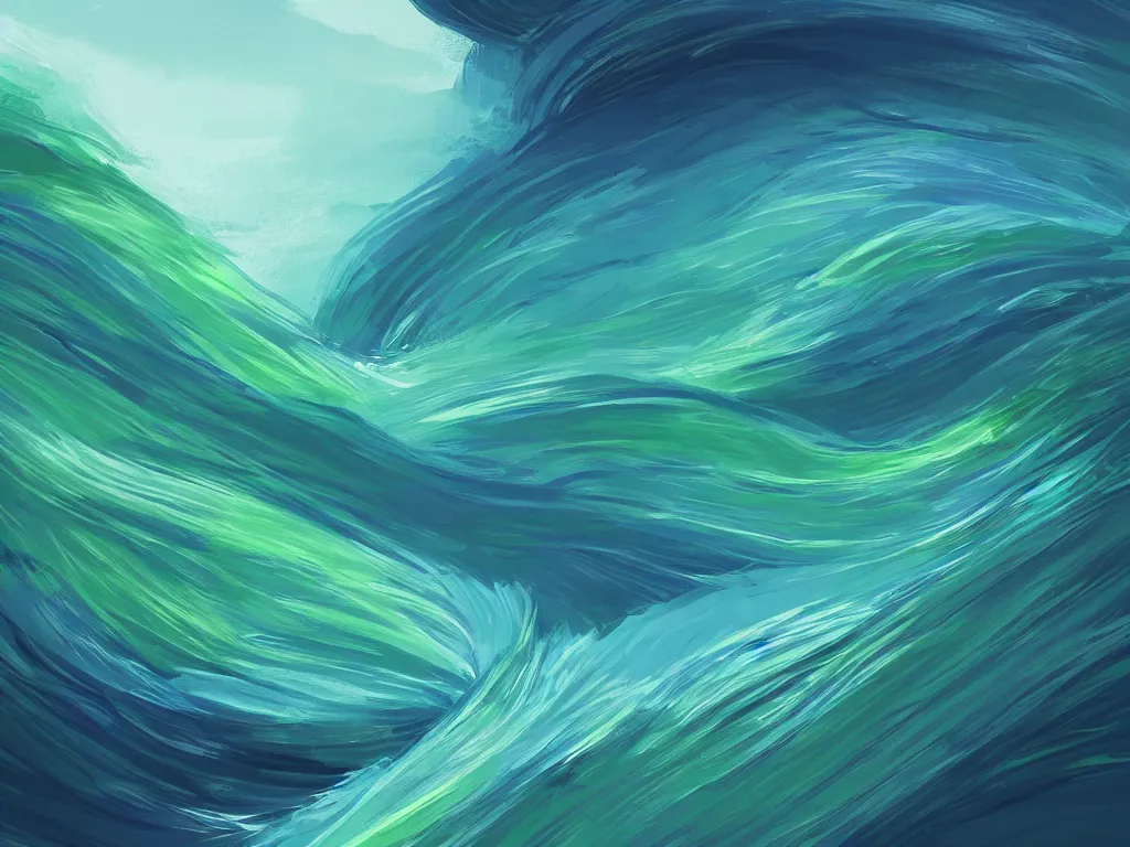 Prompt: 3 blue and green waves, artstation, concept art, smooth, very smooth, procreate illustration,