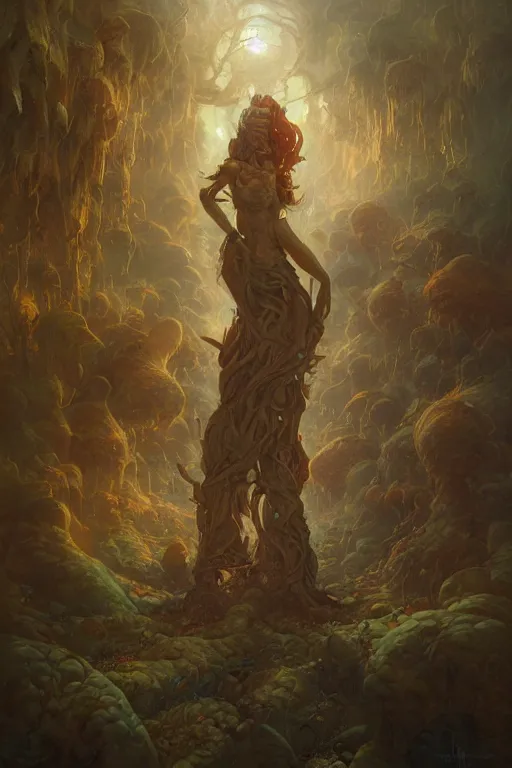 Prompt: portrait of mushroomfolk by Peter Mohrbacher and Peter Gric, volumetric lighting, good composition, trending on artstation, polarizer filter, in the golden hour