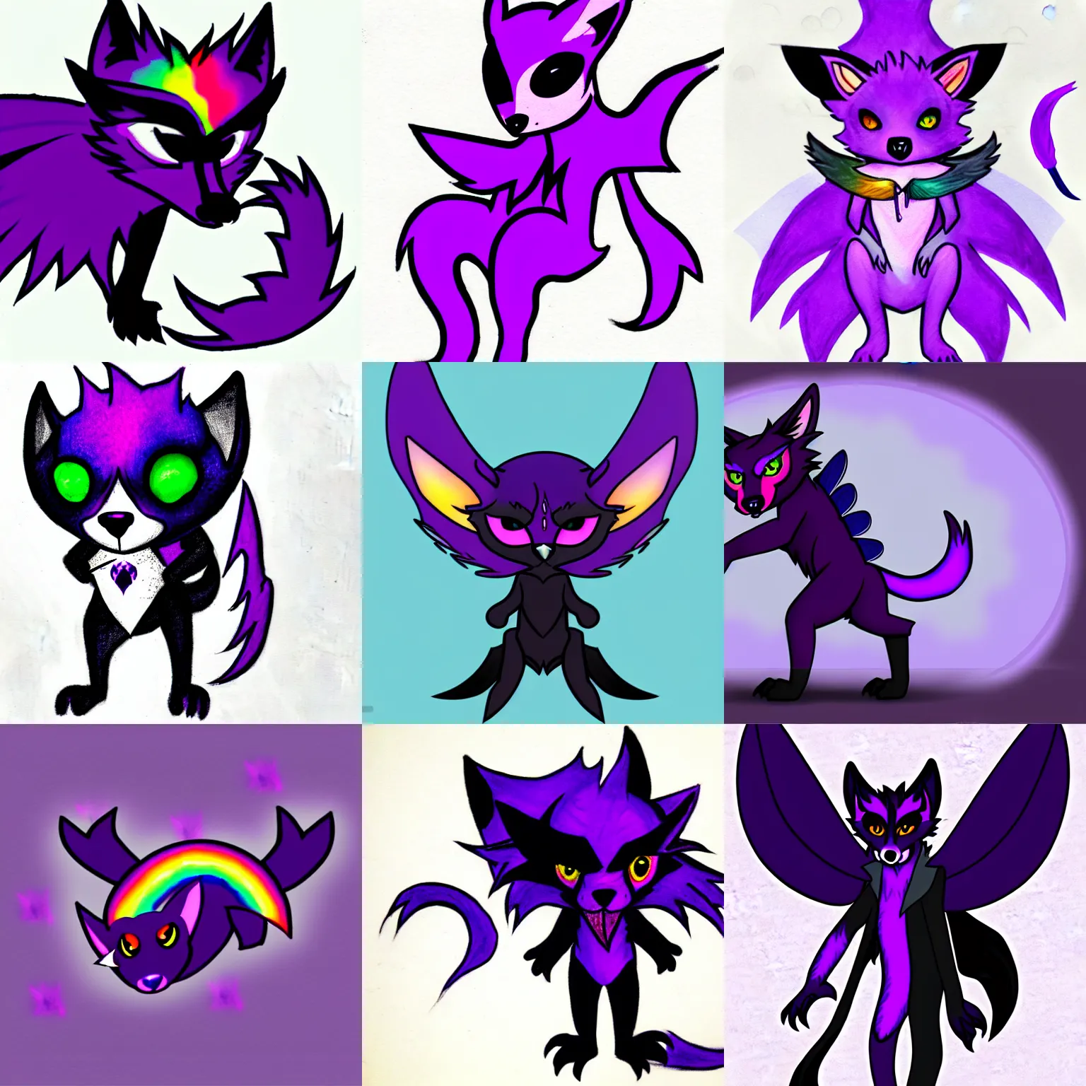 Prompt: a purple wolfbat fursona with an eyepatch and a rainbow tail, drawn in a noir style