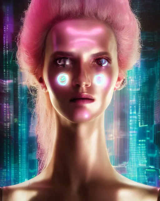 Prompt: natural light, soft focus portrait of a cyberpunk anthropomorphic female robot with soft synthetic pink skin, blue bioluminescent plastics, smooth shiny metal, elaborate ornate head piece, skin textures, by annie leibovitz, paul lehr