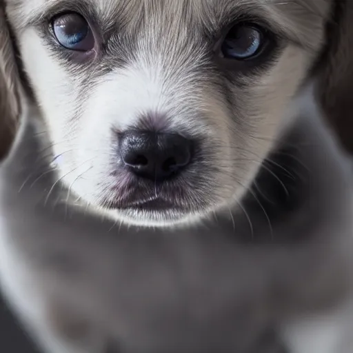 Image similar to a very cute puppy smiling. close-up. white ground. dark background. blach and white. single light source. 14mm lens. iso 100. diaphragm 1.4. shutter speed 1/350. oil on canvas. W-1024