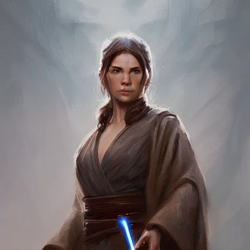 Image similar to portrait of a woman by greg rutkowski, jedi knight allana solo, straight brown hair, jedi robes, star wars expanded universe, she is about 2 0 years old, wearing jedi robes, highly detailed portrait, digital painting, artstation, concept art, smooth, sharp foccus ilustration, artstation hq