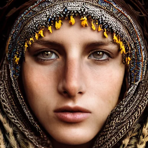 Image similar to portrait of a stunningly beautiful eastern european tribal female, depth of field, zeiss lens, detailed, symmetrical, centered, fashionc photoshoot, by Annie Leibovitz and Steve McCurry, David Lazar, Jimmy Nelsson, Breathtaking, 8k resolution, extremely detailed, beautiful, establishing shot, artistic, hyperrealistic, beautiful face, octane render