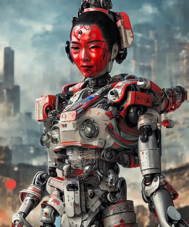 Image similar to an epic fantastic realism comic book style portrait painting of a japanese robotic geisha with kanji tattoos and decals, apex legends, octane render, intricate detail, 4 k hd, unreal engine 5, ex machina, irobot