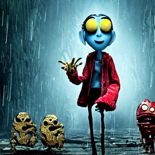 Image similar to a still of from the movie coraline crossover with the movie predator