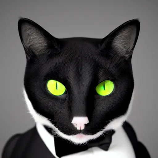 Prompt: a portrait of a beautiful black and white cat wearing a tuxedo with colorful bright green eyes, hd, 8k, hyper-realism, detailed, 3D render