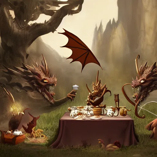 Image similar to matte painting of dragon slayer ornstein having a tea party with squirrels