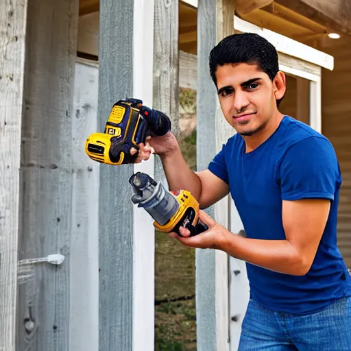 Prompt: young latino man using cordless power tool made by dewalt