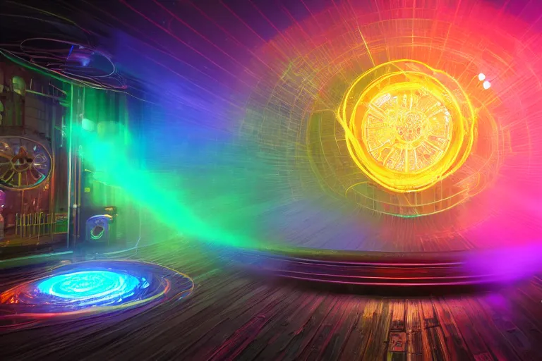 Prompt: rainbow particle accelerator, quarks, photons, elaborate, intricate, beautiful, magical, representational, hyperrealistic, daz, unreal 5, fisheye, dynamic lighting