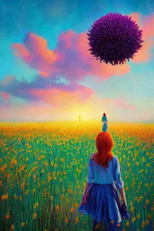 Image similar to giant corn flower head, girl walking in a flower field, surreal photography, sunrise, dramatic light, impressionist painting, colorful clouds, digital painting, artstation, simon stalenhag