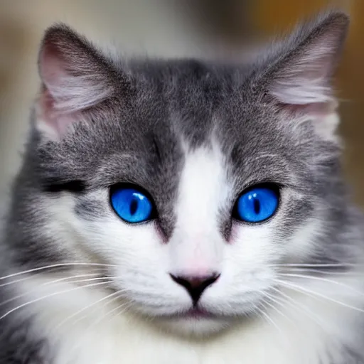 Image similar to Fluffy white and gray cat, yellow eyes, very cute, 4K