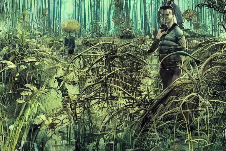 Image similar to scene from louisiana swamps, spaceship sank, hemp garden, true detective, artwork 8 0 s japanese sci - fi books art