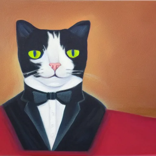 Image similar to oil painting of a cat wearing a tuxedo