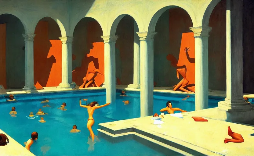 Prompt: Inside a greek dungeon with a big pool and ladies in bikini, very coherent, painted by Edward Hopper, Wayne Barlowe, painted by James Gilleard, airbrush, art by JamesJean