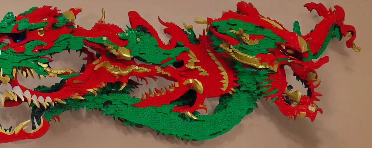 Image similar to Chinese beautiful dragon, with green and red scales, golden mask, sharp teeth, made of LEGO, in the style of LEGO