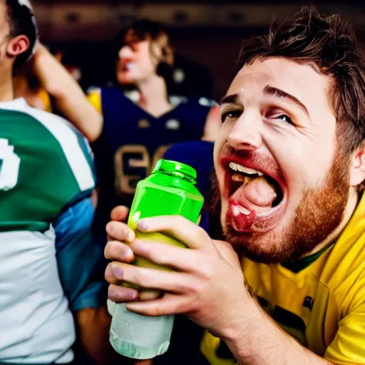 Prompt: an overly excited football fan accidentally bites into his glass of sprite.