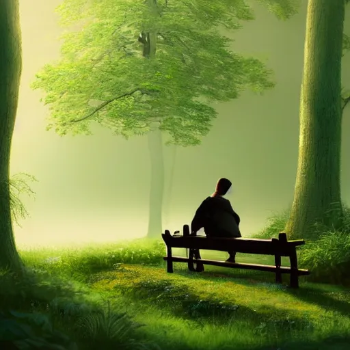 Image similar to a prince sits on a bench in a forest in front of a pond in the center, green color scheme, morning, mist, sun rays, artstation,