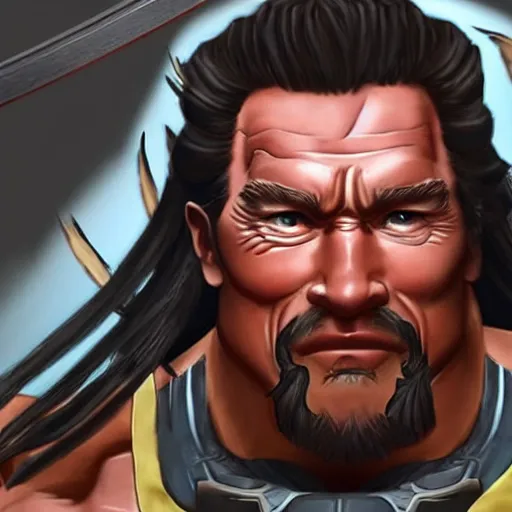 Image similar to a screenshot of arnold schwarzenegger as hanzo in overwatch