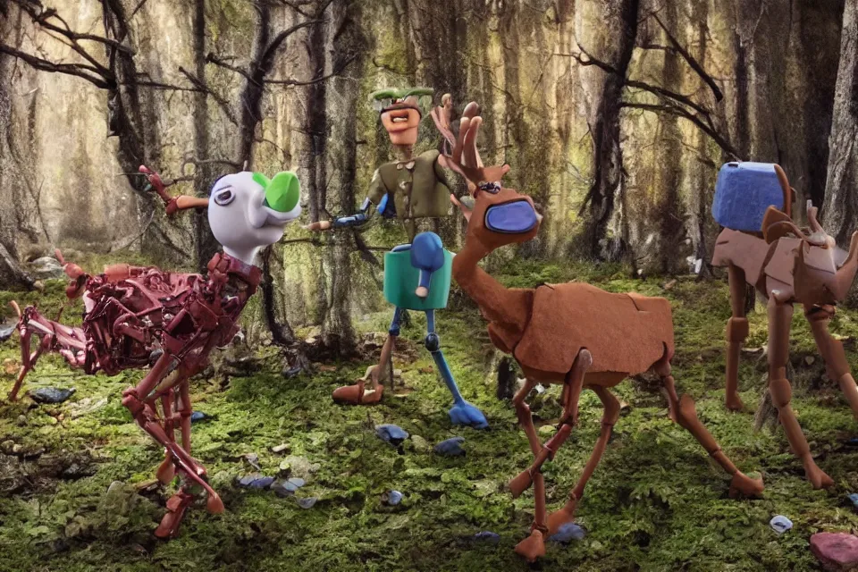 Prompt: a breathtaking claymation film still of a deer and a robot in the forest. claymation by bruce bickford