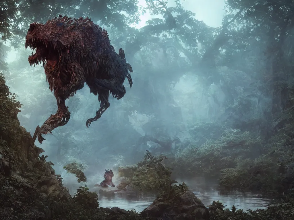 Image similar to animal monster with elemental magic hunting in foggy river. vaporwave, unreal engine 5, art by artgerm and greg rutkowski and alphonse mucha, global illumination, detailed and intricate environment. hyperrealistic, volumetric lighting. epic cinematic shot, perfectly defined features, ambient occlusion