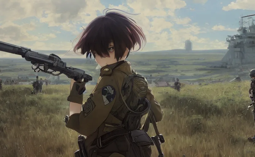 Image similar to panoramic view, girl, soldier clothing, battlefield in background, anime style, short hair, hair down, realistic anatomy, symmetrical facial features, from arknights, hyper realistic, 4 k, rule of thirds, extreme detail, detailed drawing, trending artstation, realistic lighting, by alphonse mucha, greg rutkowski, sharp focus, backlit