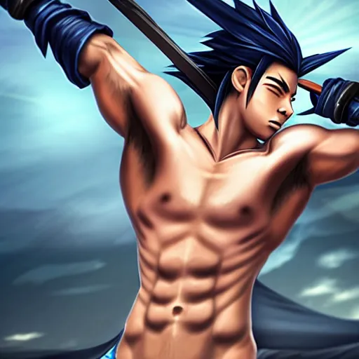 Image similar to Yasuo from League of Legends doing crunches, photorealistic, highly detailed