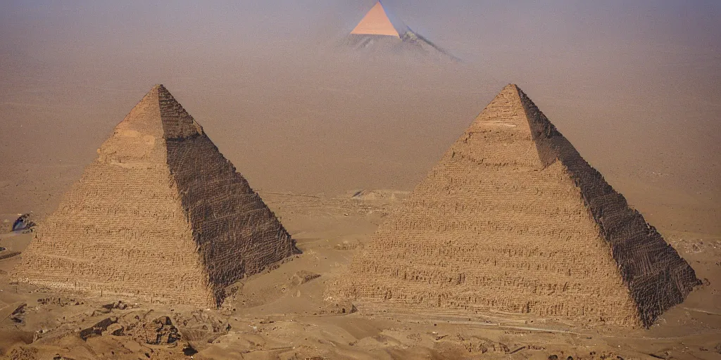 Image similar to A giant mountain in an areal shot of ancient egypt in front of the Pyramids