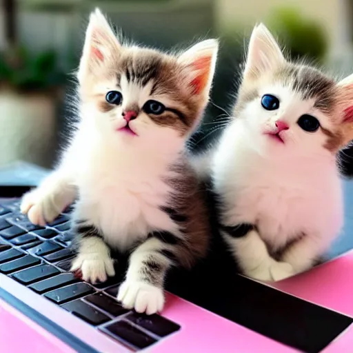 Image similar to cutest kittens in the world using a laptop with cute pink heart emojis floating in the air