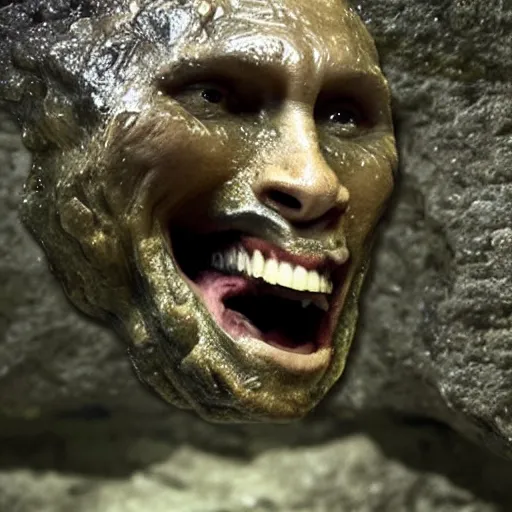 Prompt: photo inside a cavern of a wet reptilian humanoid putin partially hidden behind a rock, with black eyes, open mouth and big teeth