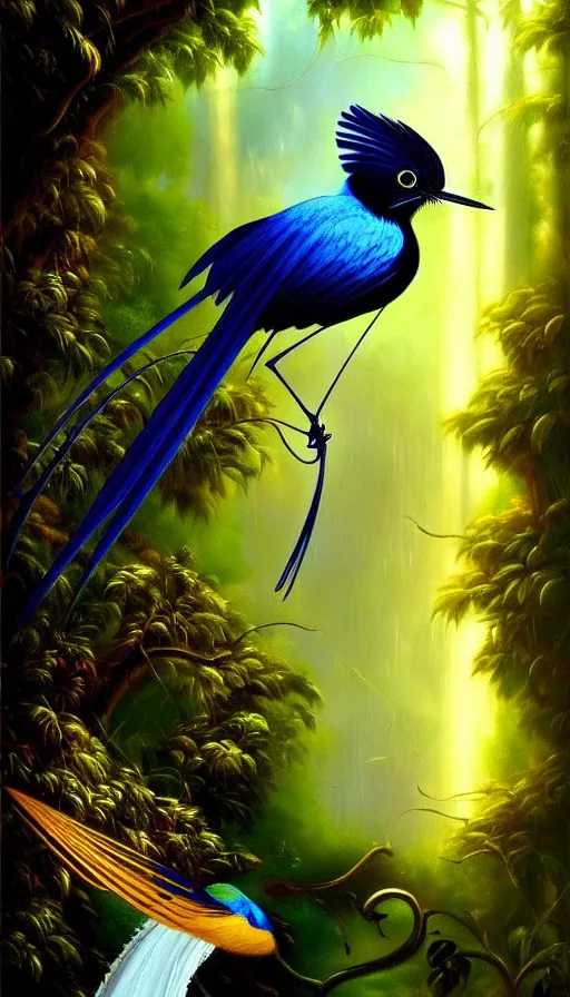 Prompt: paradise flycatcher, lush forest, gold, gems, dramatic lighting, waterfall, denoised, gothic architecture, baroque, painted by the best artists of artstation, best art in the world