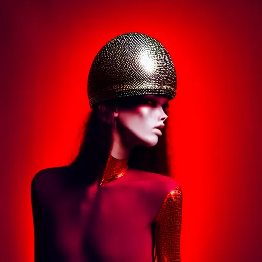 Image similar to female fashion model in year 3000 in a cave, model wearing a surreal Avant-garde helmet in red, dramatic lighting,photography , official Versace editorial , highly detailed