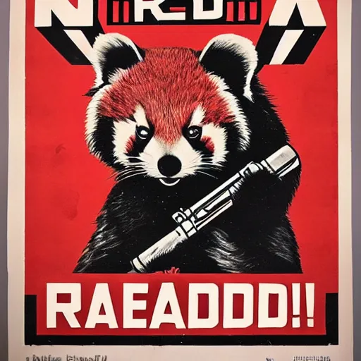 Prompt: red panda holding a rocket launcher!!! a propaganda poster!!!, stencil!!, hypnotic, historical poster, germany!!, clear view, world war, circa 1 9 3 9, stencil