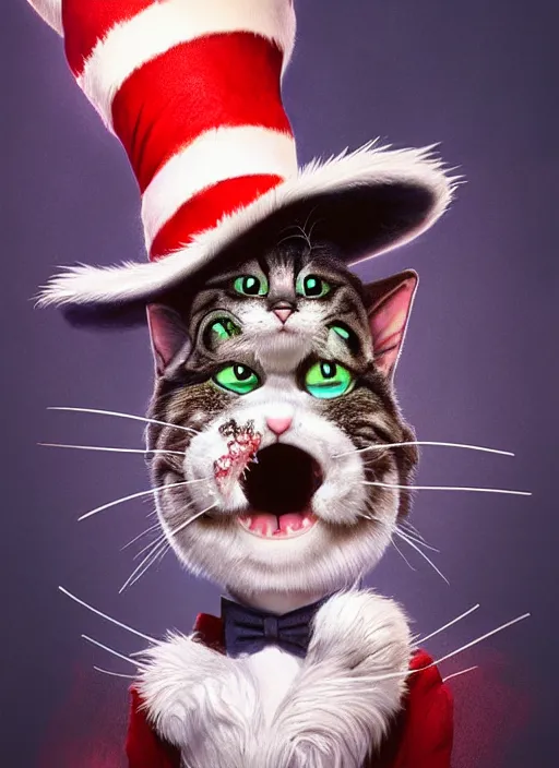 Image similar to complex 3 d render, hyper detailed, ultra sharp, of the cat in the hat, scary, comical, cinematic, natural soft light, rim light, octane render, artstation, art by artgerm and greg rutkowski and alberto seveso, dr seuss