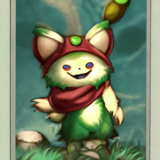 Image similar to teemo, a pokemon card of teemo, pokemon card scan