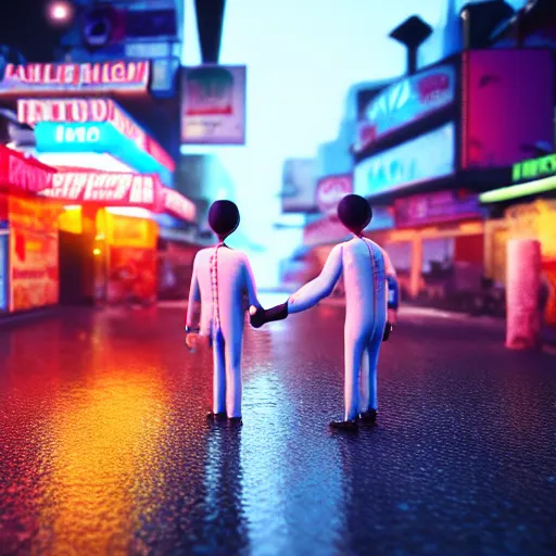 Image similar to a bacon man and fried egg man hold hands, the streets of myanmar, night time, neon lights, raining, romantic, ultra realistic, 4k, art station, unreal engine