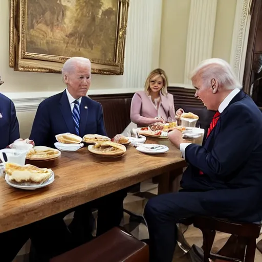 Image similar to trump and Biden sitting and eating breakfast at a Wafflehouse