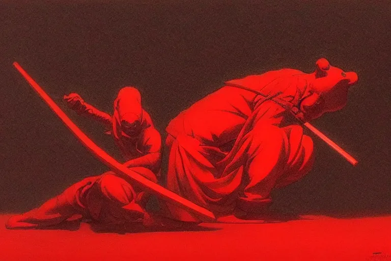 Image similar to only with red, a red samurai harakiri, tokio, a lot of frogs watch, in the style of beksinski, parts by edward hopper, parts by rodcenko, parts by yue minjun, intricate and epic composition, red by caravaggio, insanely quality, highly detailed, masterpiece, red light, artstation, 4 k