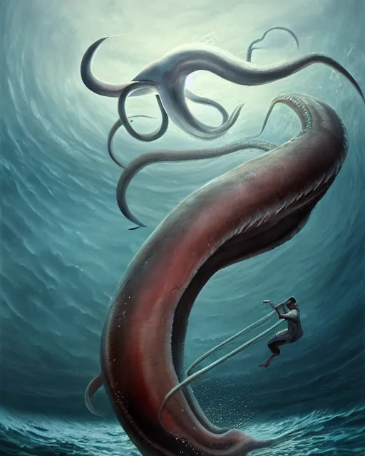 Image similar to a dream fantasy painting of a giant squid attack a swimming man, by beksinki, giger, greg rutkowski, carne griffith trending on artstation, deviantart, photorealism