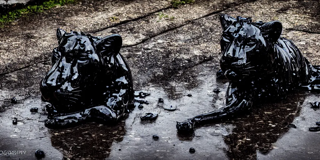 Prompt: the lioness made of tar, reforming from a puddle of tar, viscous, sticky, full of black goo, covered with black goo, splattered black goo, dripping black goo, dripping goo, splattered goo, sticky black goo. photography, dslr, reflections, black goo, zoo, exhibit