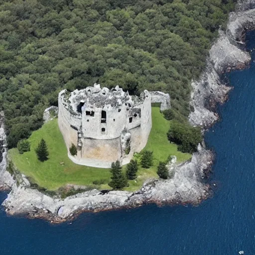 Image similar to aerial view of a punisher fortress from above on a hill by the ocean. castle shaped shaped exactly like the punisher symbol detailed