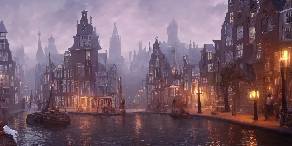 Prompt: a magical town inspired by victorian england and amsterdam, highly detailed, intricate, digital painting, trending on artstation, concept art, matte painting, art by greg rutkwowski, craig mullins, octane render, 8 k, unreal engine