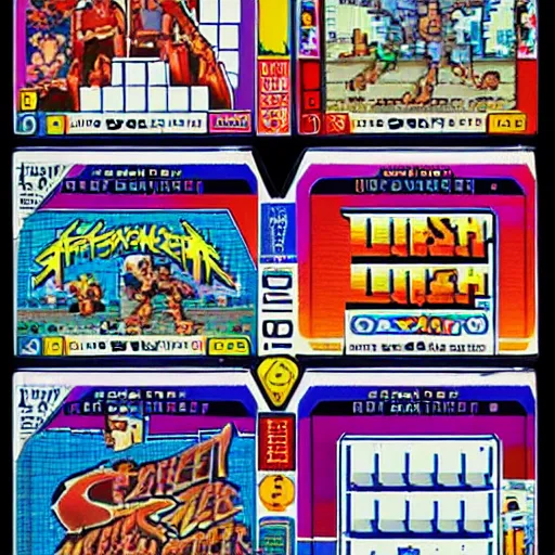 Image similar to video game box art of a commodore 6 4 game called street fighter tetris.