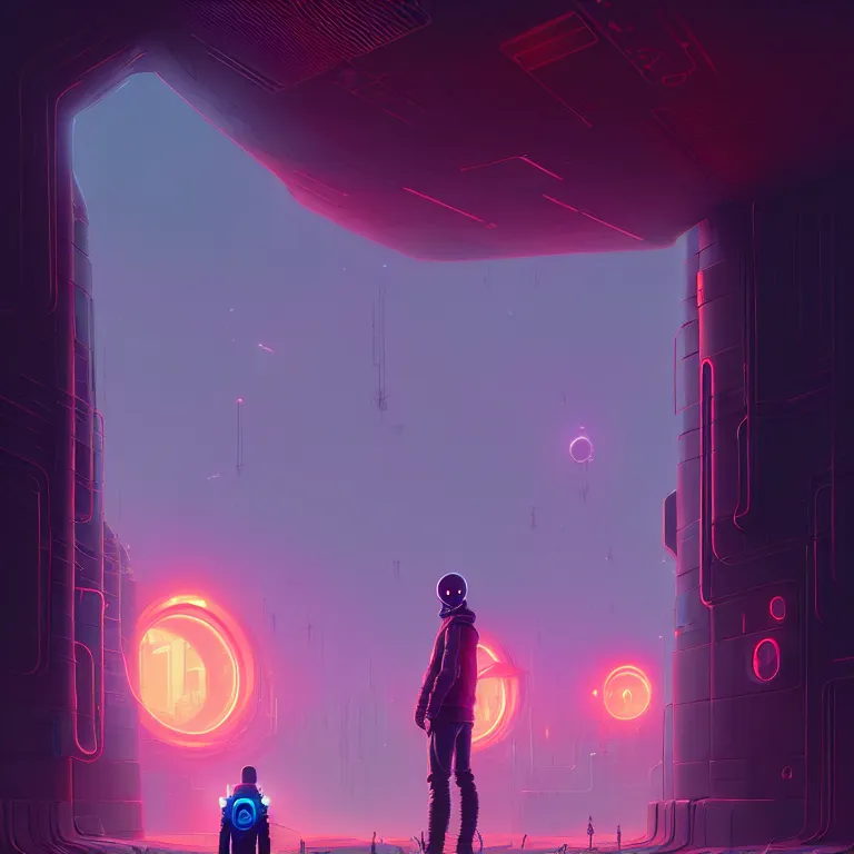Image similar to a person standing in front of a portal, cyberpunk, epic surrealism, detailed digital matte painting in the style of simon stalenhag, josan gonzalez, artstation, psychedelic