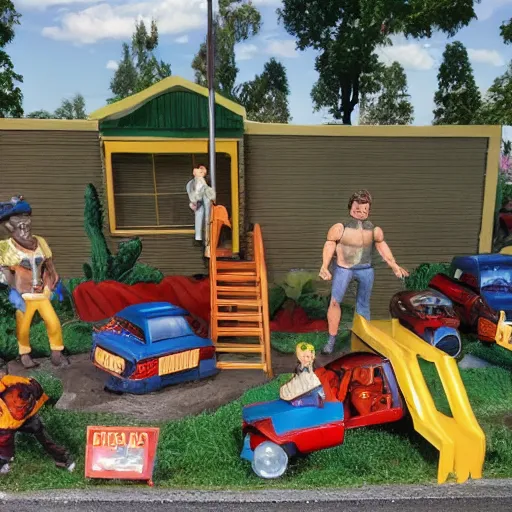 Prompt: 8 0's action figure playset of a trailer park with rednecks, realistic,