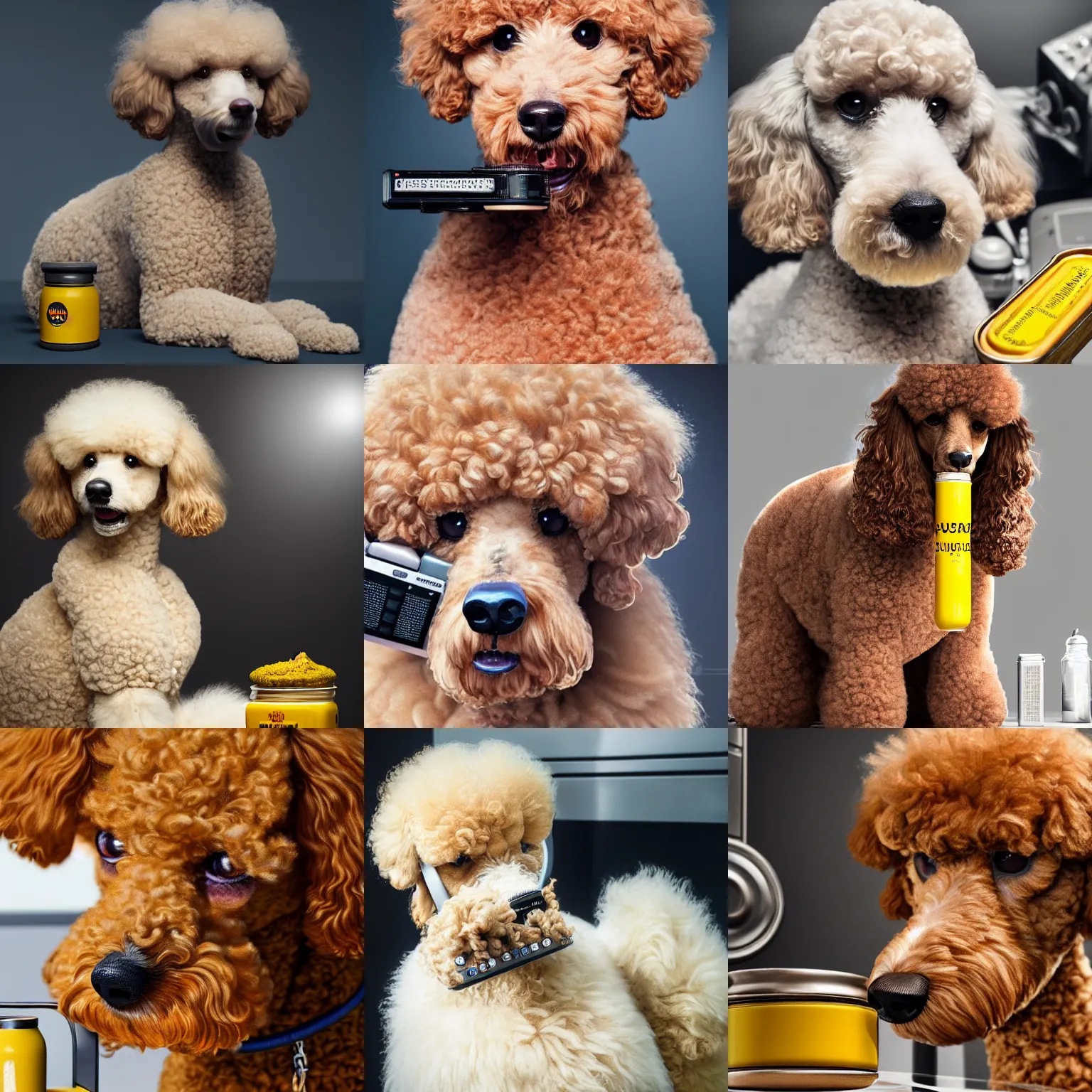 Prompt: a closeup photorealistic photograph of a poodle sitting next to a radio and eating from a jar of mustard. This 4K HD image is Trending on Artstation, featured on Behance, well-rendered, extra crisp, features intricate detail and the style of Unreal Engine.