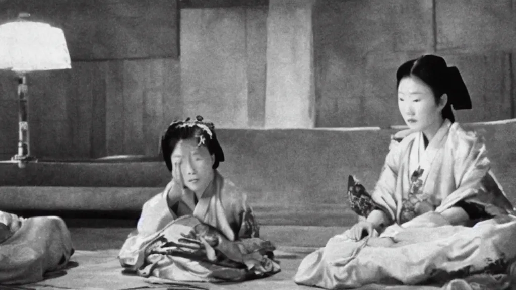 Image similar to shadow of a monstrous starfish behind a woman in hanbok sitting on a couch, traditional korean interior, in rashomon a kaiju - eiga monster movie by akira kurosawa and ishiro honda