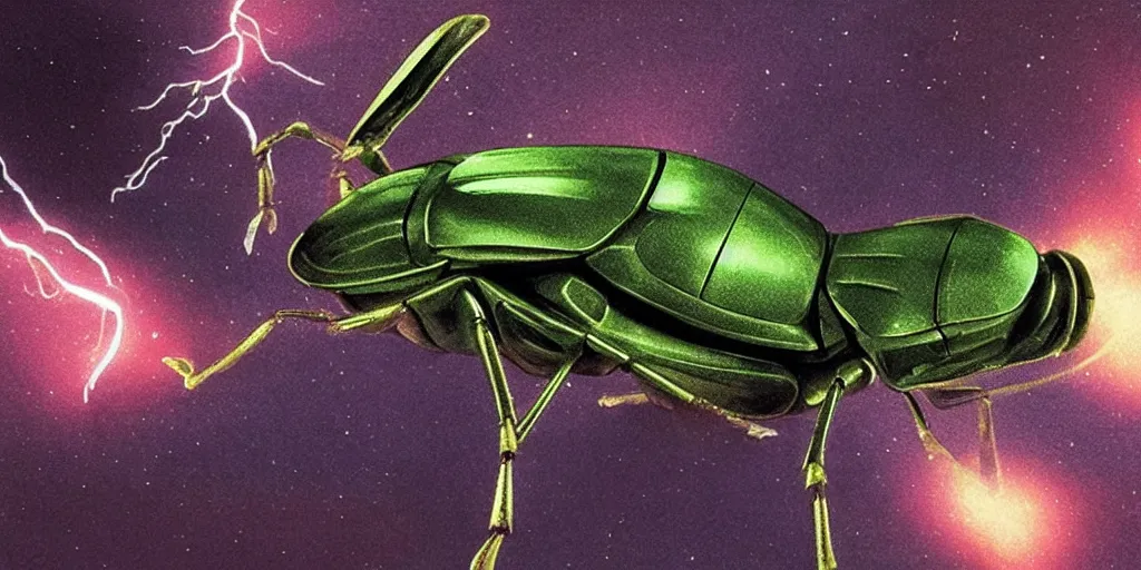 Image similar to lightning bug descendant 1 million in the future is a quadruped with big eyes. the bug wears a spacesuit, and explores the cosmos in a bug - shaped spaceship. science fiction blockbuster movie bugs save the planet or the bug from saturn, blade runner, rogue one