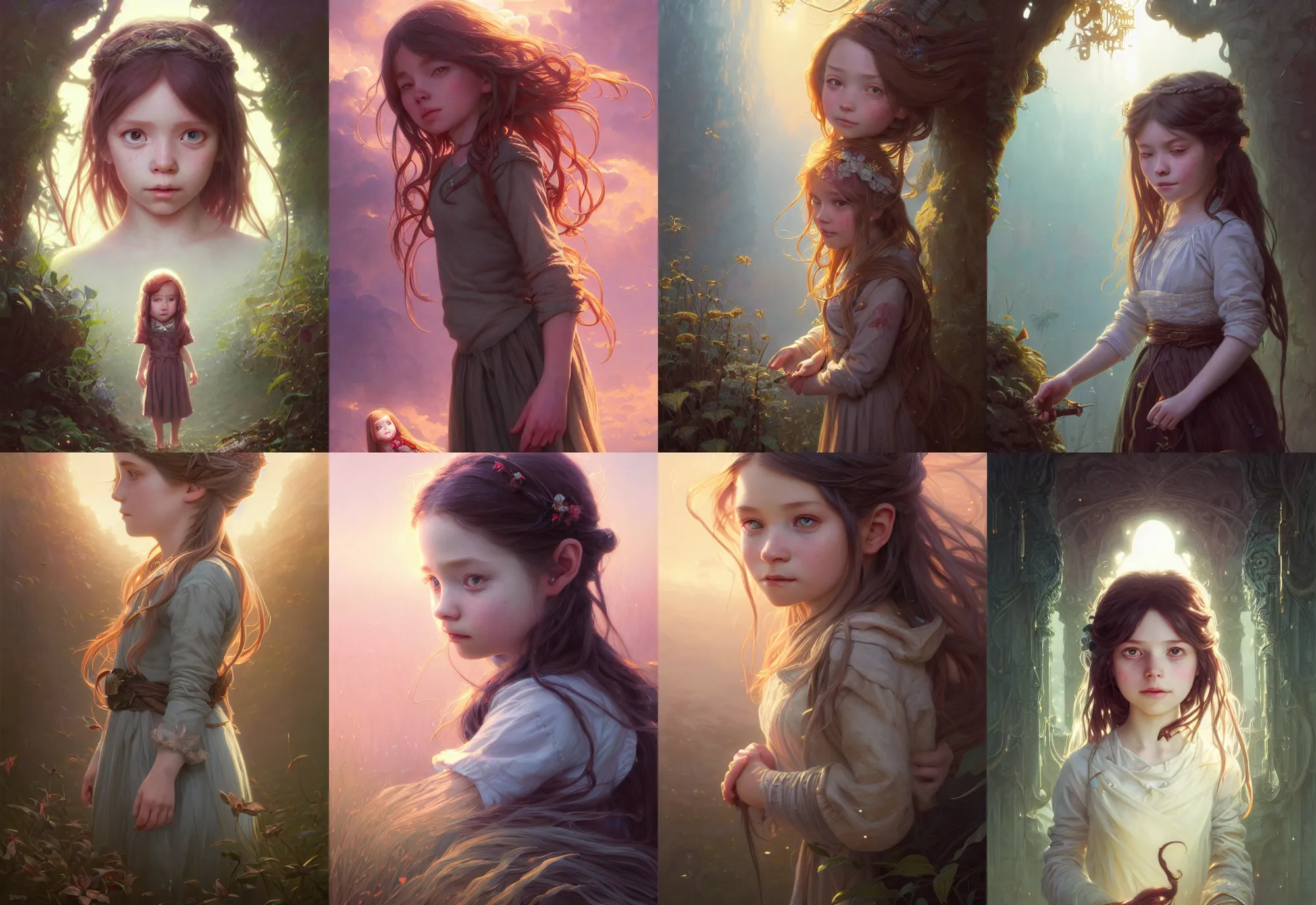 Image similar to highly detailed portrait of a little girl with long hairs, stephen bliss, unreal engine, fantasy art by greg rutkowski, loish, rhads, ferdinand knab, makoto shinkai and lois van baarle, ilya kuvshinov, rossdraws, tom bagshaw, alphonse mucha, global illumination, radiant light, detailed and intricate environment