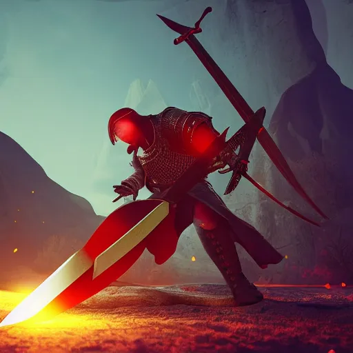 Image similar to game - icon of medieval sword and axe crossed on a prism, red powerful fantasy epic legends, game icon stylized, digital illustration radiating, a glowing aura, global illumination, ray tracing, 8 k high definition, intricate details, octane render, unreal engine, trending on arstation