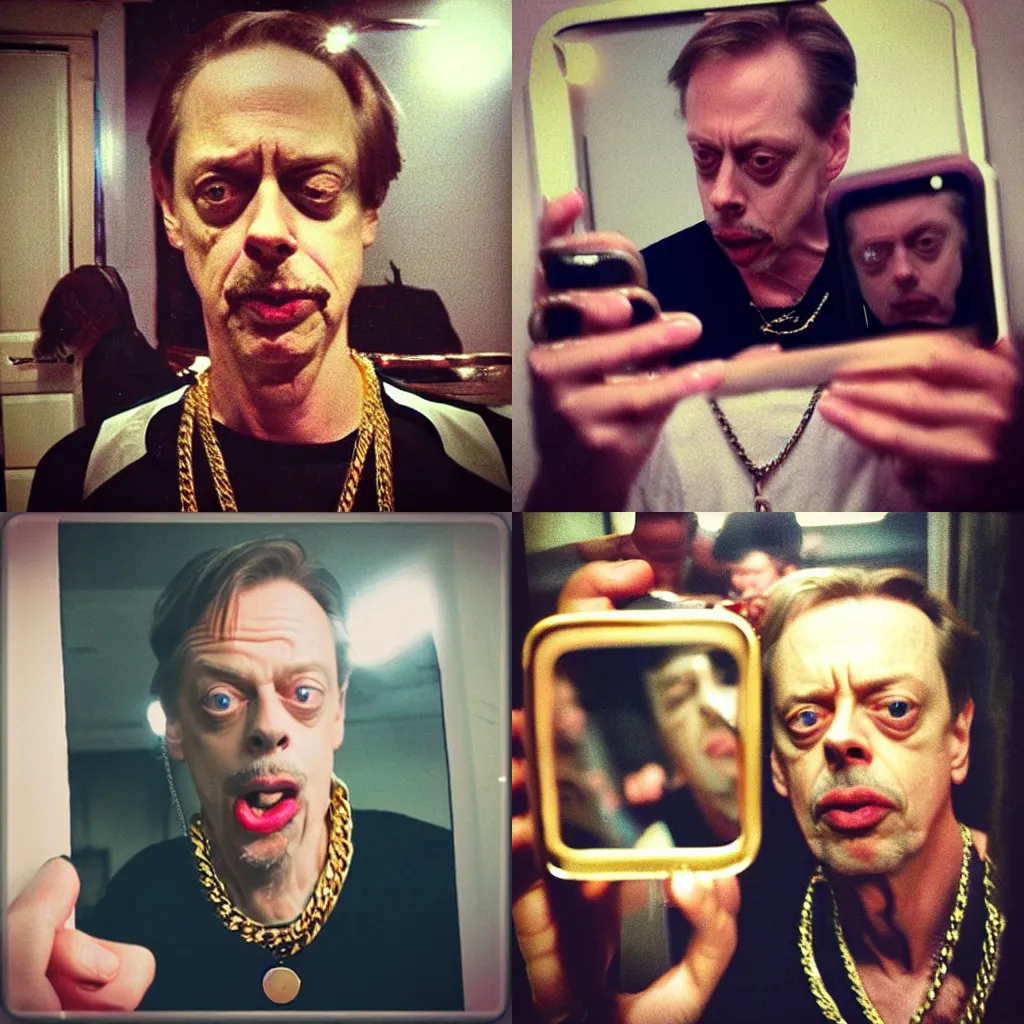 Prompt: steve buscemi selfie, instagram filter, dirty mirror, yolo, cap, gold chains